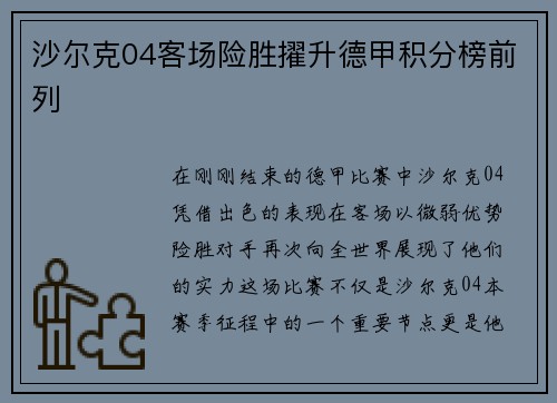 沙尔克04客场险胜擢升德甲积分榜前列