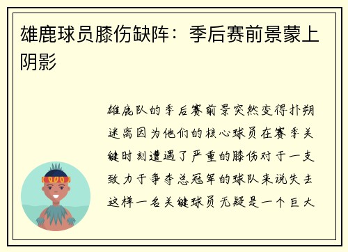 雄鹿球员膝伤缺阵：季后赛前景蒙上阴影